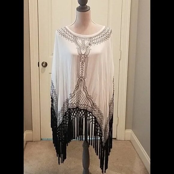 Chico's white black fringe tunic shirt top fringe poncho EUC - Picture 1 of 8